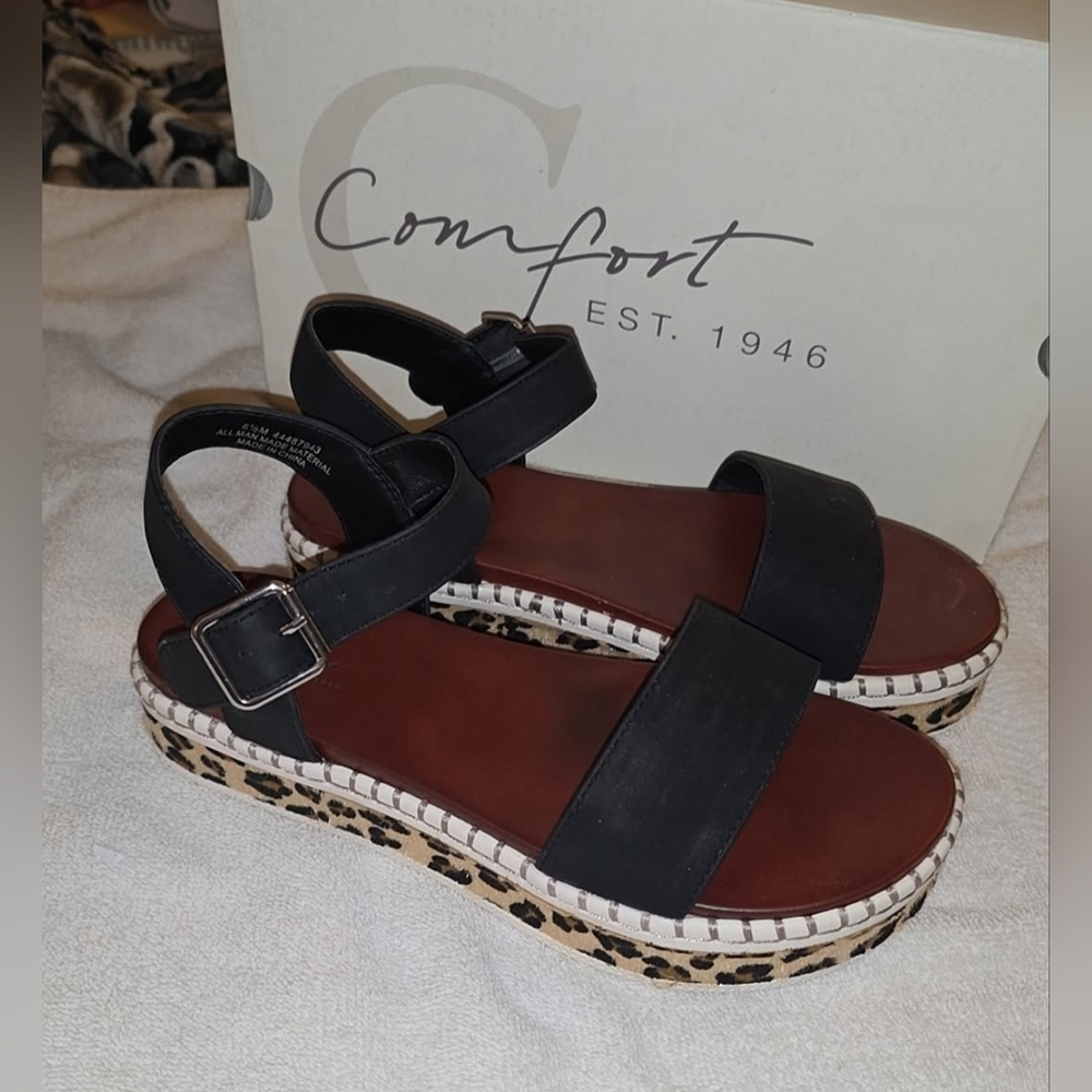 Cato Black and Brown Platform Sandals With Animal Print Accent